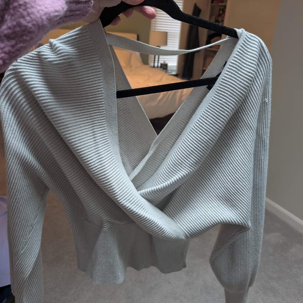 French Connection Light Gray Ribbed V-Neck Wrap Sweater - Picture 3 of 3